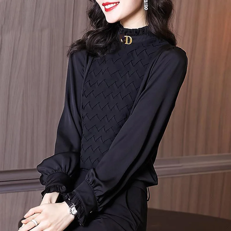 Fashion Stand Collar Solid Color Spliced Ruffles Blouse Women Clothing Casual Pullovers 2022 Autumn New Commute All-match Shirt