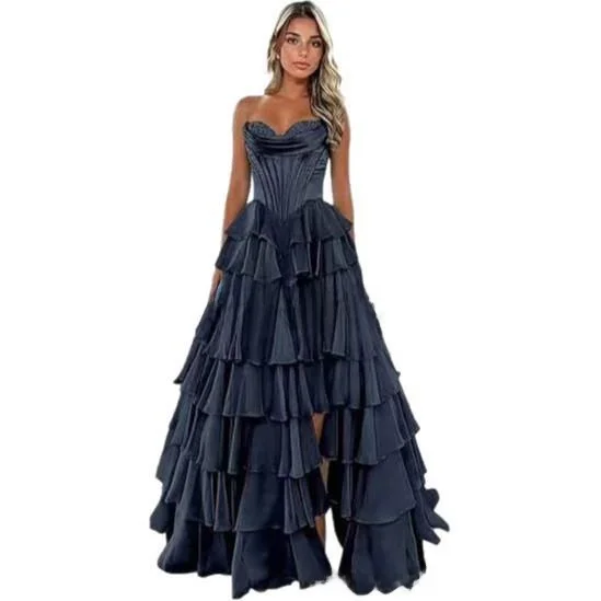 Retro Strapl Vestido de Noite Par Princ Saia Vestido Em Camadas de Renda Longo Dr Fenda Maxi Dr sem Sve Cintura Reunida