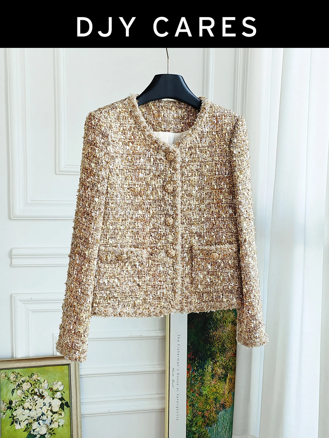 

New Light luxury heavy industry nail bead jacket mixed color yarn top big size