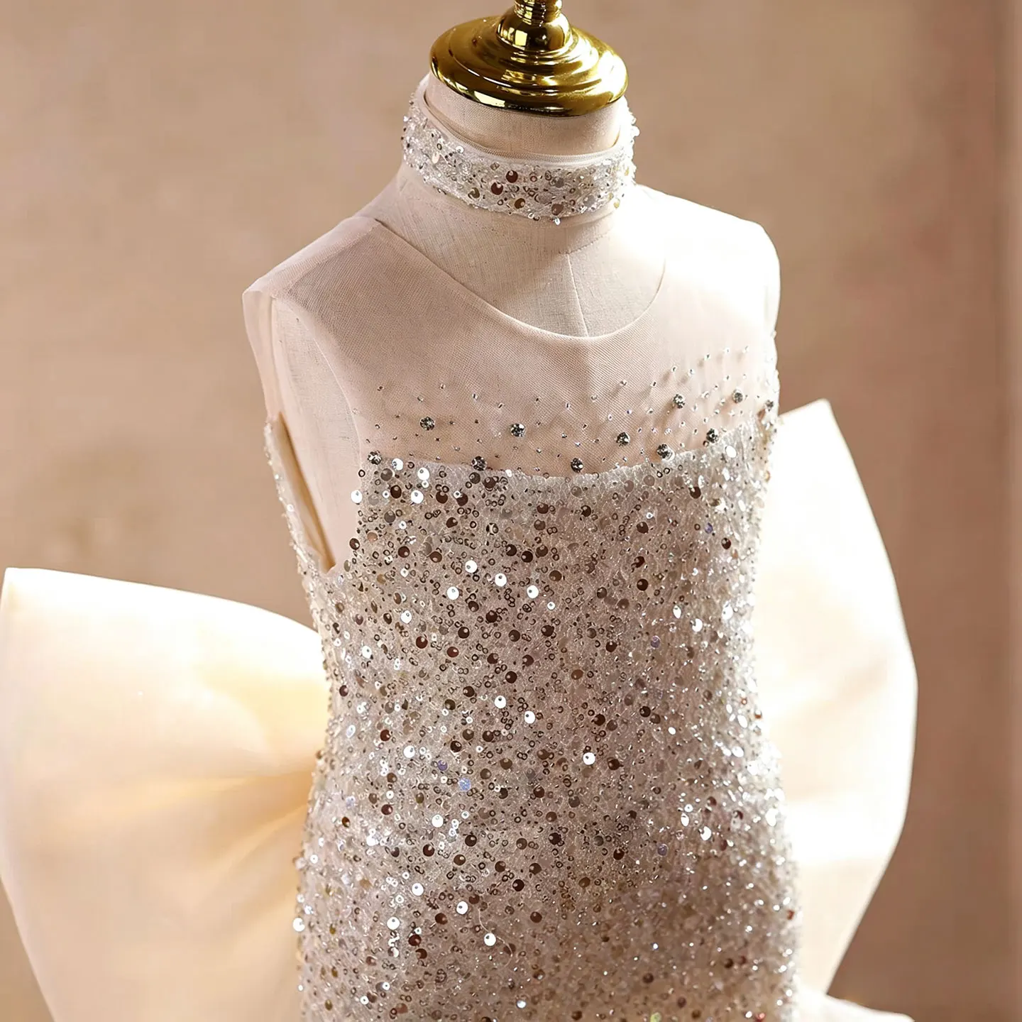 Jill Wish D342 Champagne Sequin Flower Girl Dress with Big Bow Train, Sleeveless Mermaid Princess Gown for Wedding Party Kids