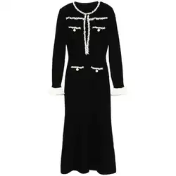 Luxury Quality 2025 Spring Crystal Black Knitted Sweater Long Dresses Women's Autumn Pencil Tassel Pearls Party Vestidos