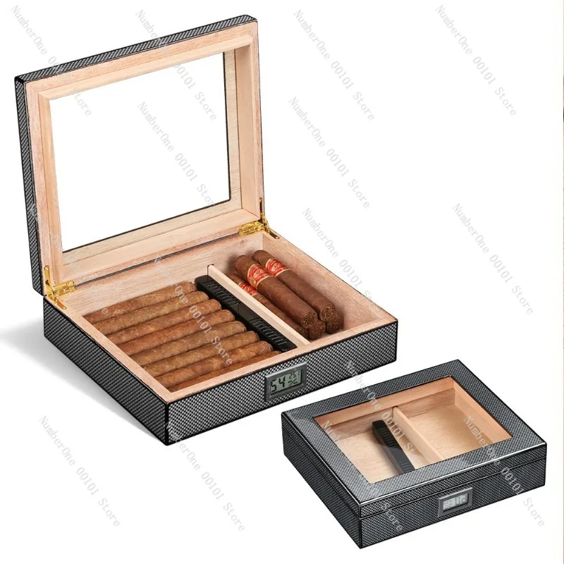 Carbon Fiber Cedar Wood Cigar Humidifier Box, Transparent Glass Display, Portable Cigar Case with Electronic Hygrometer