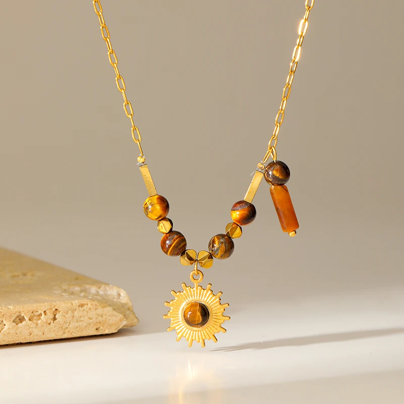 EILIECK 316L الفولاذ المقاوم للصدأ الحجر الطبيعي قلادة سوار مجموعة خمر سلسلة طوق اليدوية والمجوهرات مقاوم للماء للنساء هدية