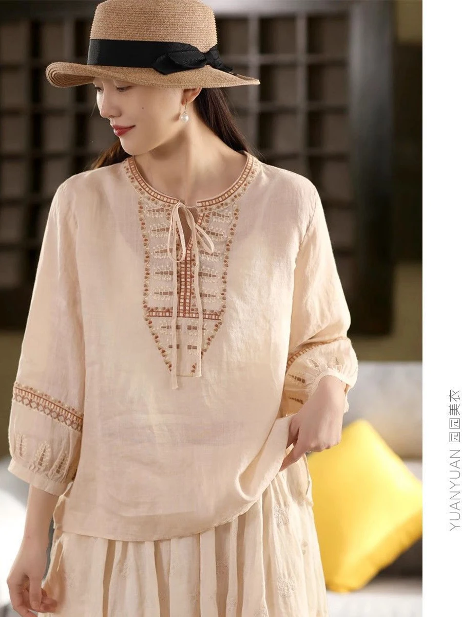 

Summer Cotton Linen irt Women's Loose Fit Thin Sle Embroidery Artistic Vintage irt Overhead Seven Sve Loose Large Size