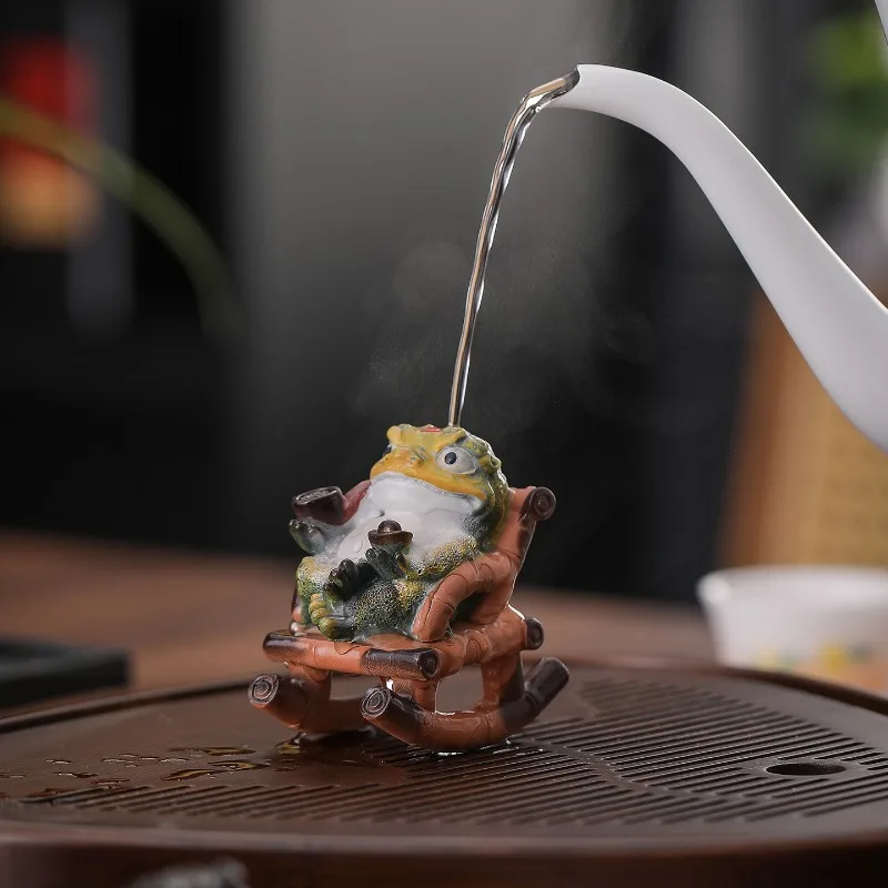Lucky Golden Toad Tea Pet Figurine Heat Color Changing Unique Mini Desktop Decor for Tea Set Accessories