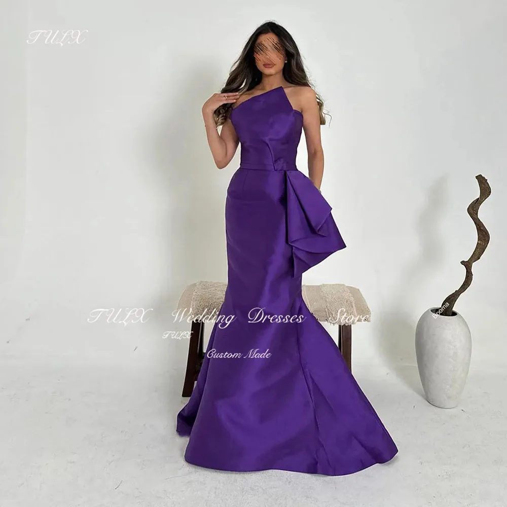 

TULX Purple Satin Strapless Pleating Close Fitting Prom Gown Saudi Arab Elegant Mermaid Long Evening Party Dresses for Women