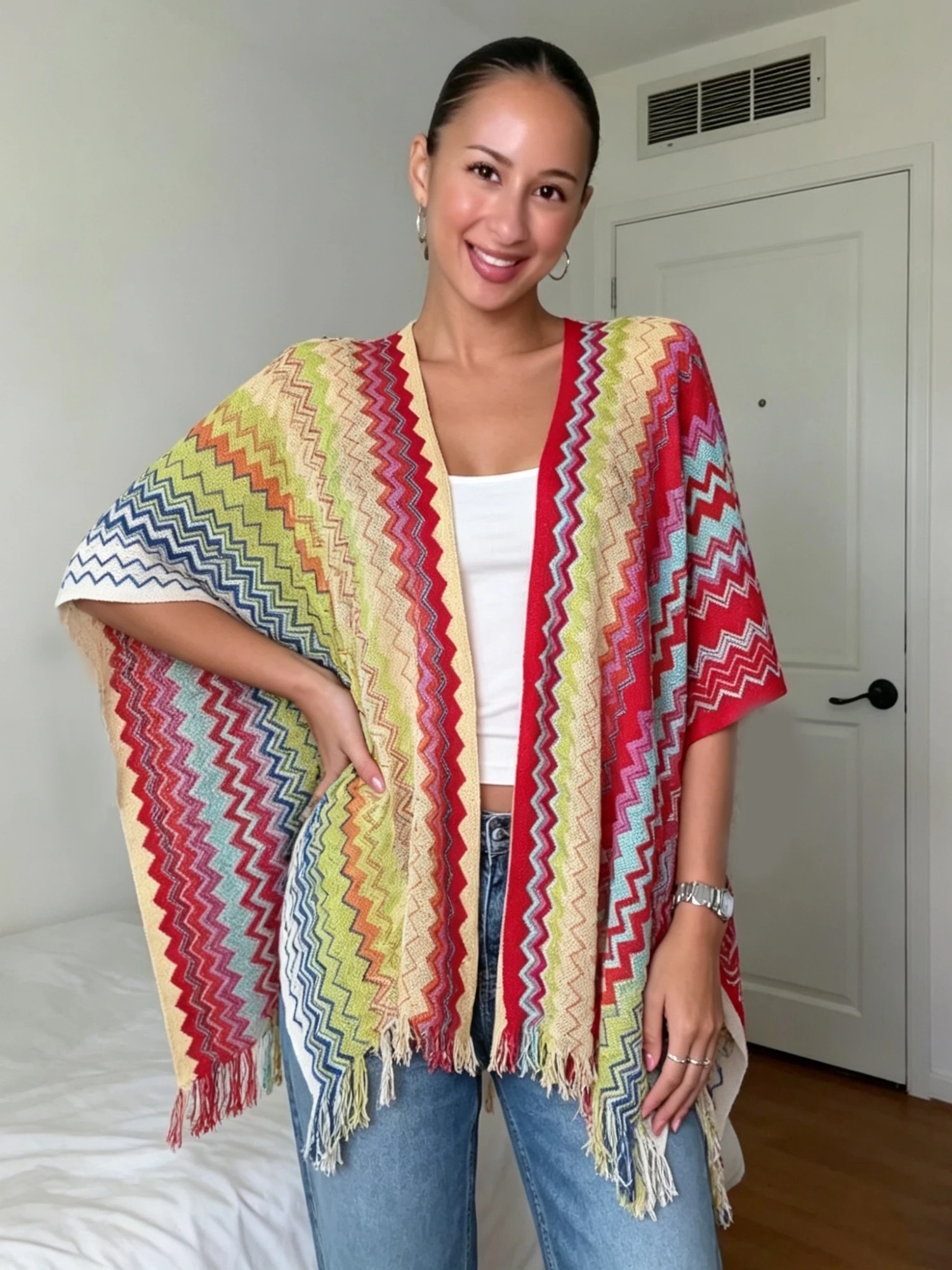 Womens Beach Poncho Cover Ups Tassel Hem Open Front Loose Fit Shawl Wraps view 2