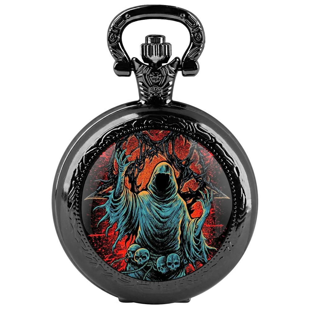 Orologio da tasca al quarzo nero con cupola in vetro stile scuro con quadrante con numeri arabi e catena resistente, regalo retrò per uomo e donna