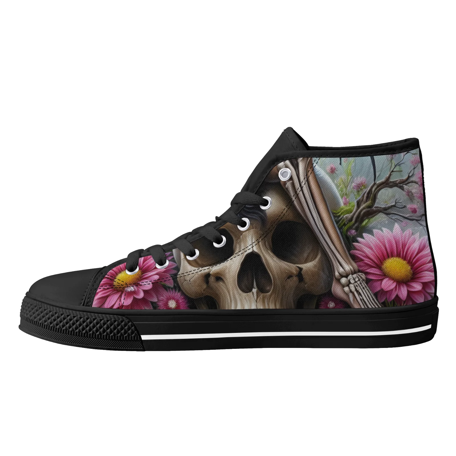 

Custom Shoes Unisex Vulcanized Shoes Classic High Top Canvas Shoes Floral Gothic Skull Female Flats Sneakers Footwears