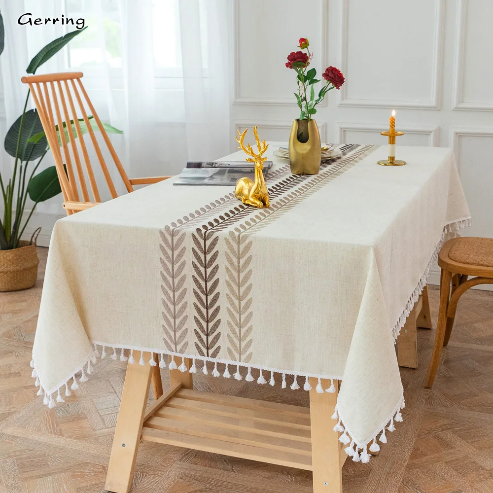 Gerring Nordic Tassel Cloth Tabl Embroidered Leaf American Tablecloths For Events Rectangular Jacquard Coffee Table Cover