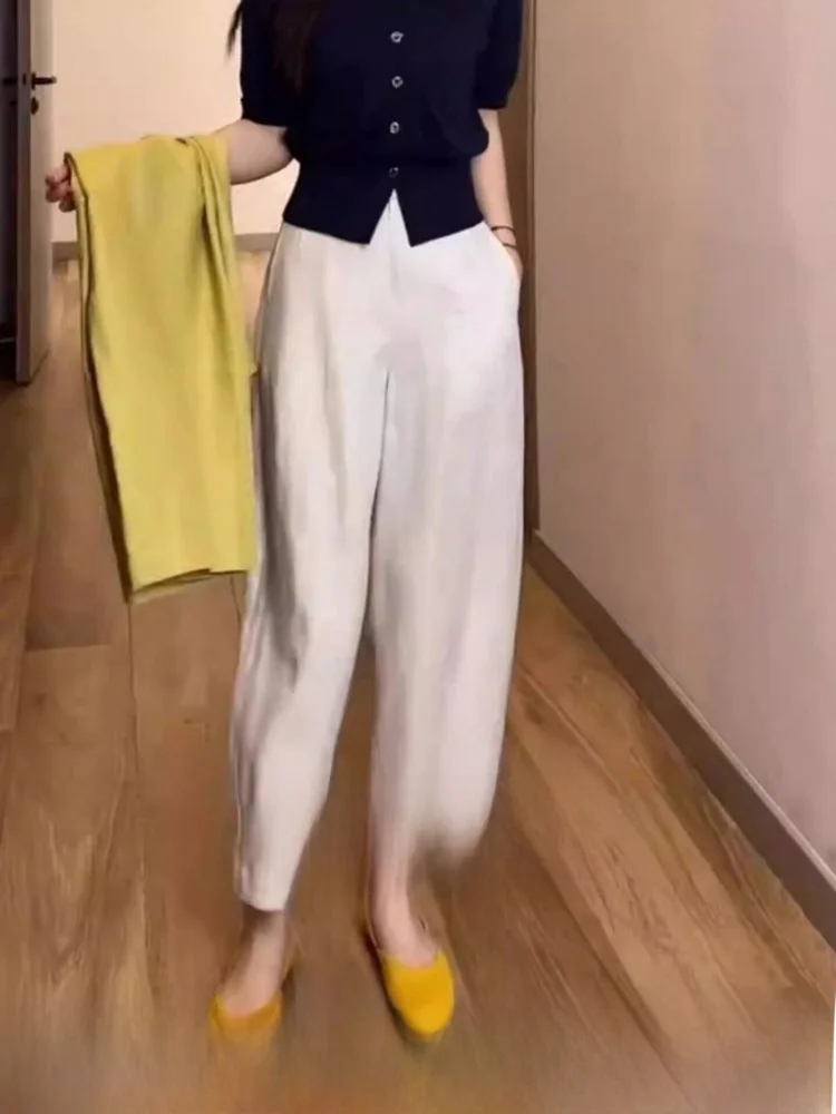 

White Linen Casual Pants Women's Summer Thin Large Size Pear Shape Loose Slimming Nine Points Balloon Pants Commute Style