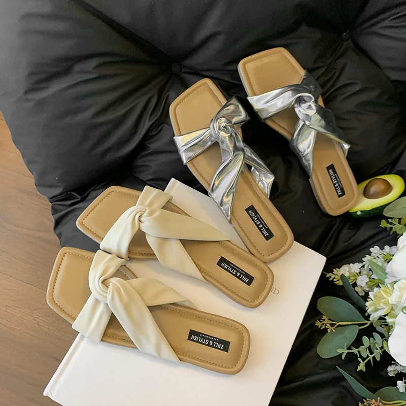 

Beige Bow Knot Slide Sandals For Women With Flat Sole And Open Toe Comfortable Casual Summer Outdoor And Daily Walking Shoes