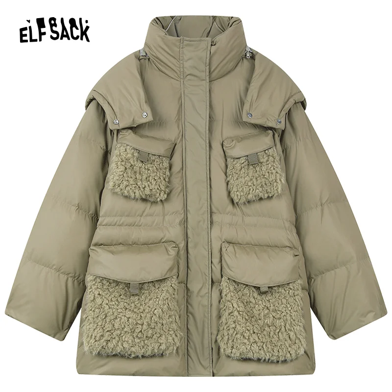 ELFSACK Spliced Thick Down Coats Women 2023 Winter New Korean Fashion Designer Jackets