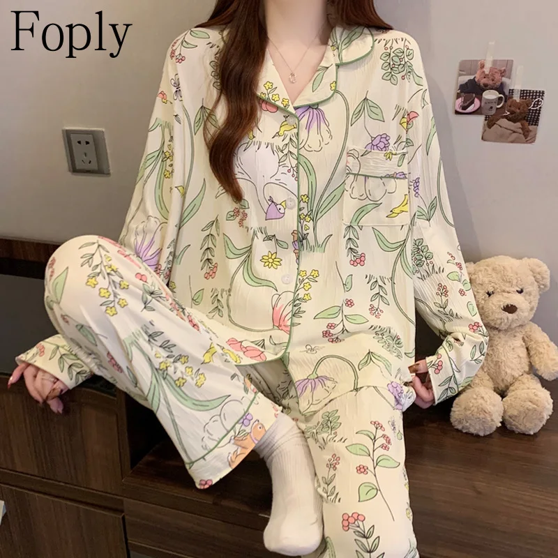 

Garden Print Woman Pyjamas Spring Summer 2 Piece Pajama Clouds Cotton Sleepwear Long Sleeve Pants Pijama Mujer Pjs Loungewear