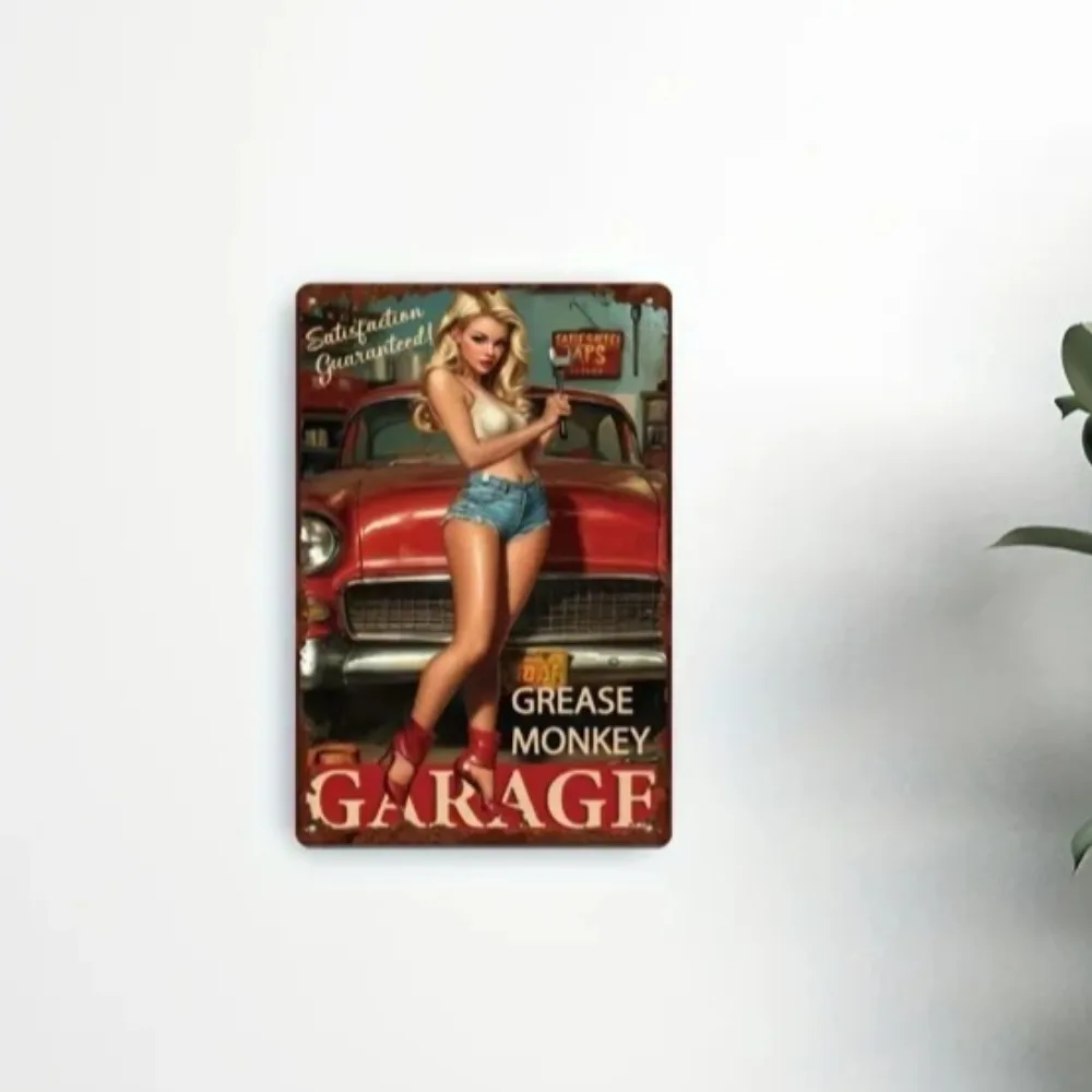 

Grease Monkey Goddess" Distressed Tin Sign – Vintage Metal Art with Wrench & Gear Motif | Retro Decor for