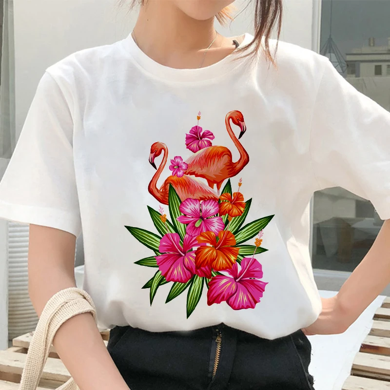 Harajuku Women T-Shirt 2020 Summer fashion Flamingo Printing T Shirt Casual Streetwear white Tops Short Sleeve Tshirt clothing