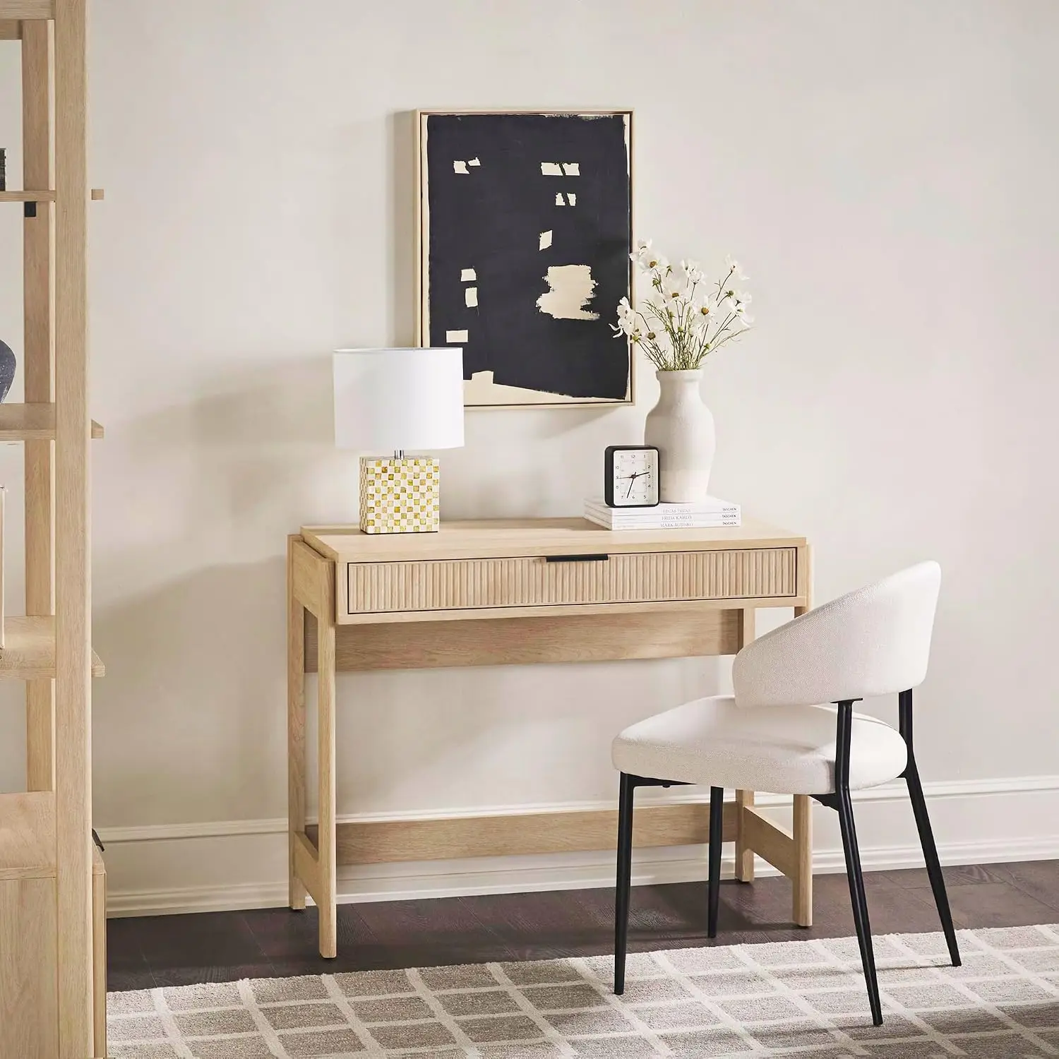 Transitional Writing Desk with Reeded Drawer & Spacious Desktop for Office & Living Space, 38 Inch Coastal Oak, Customized