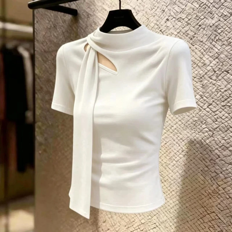 Temperament Slim Hollow Out Solid Short Sleeve T Shirts New Summer O-neck Simplicity Elegant Tops Sexy Fashion Women Clothing