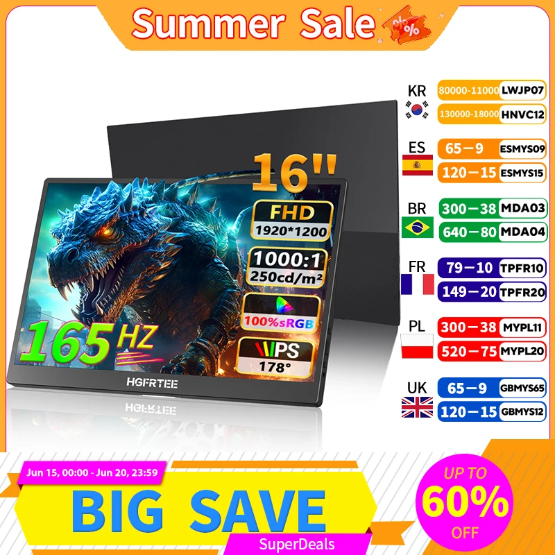 

HGFRTEE 16 Inch 165Hz Portable monitor 1920*1200 RGB100% Type-C HDMI-Compatible for Switch Laptop xbox Extended Display