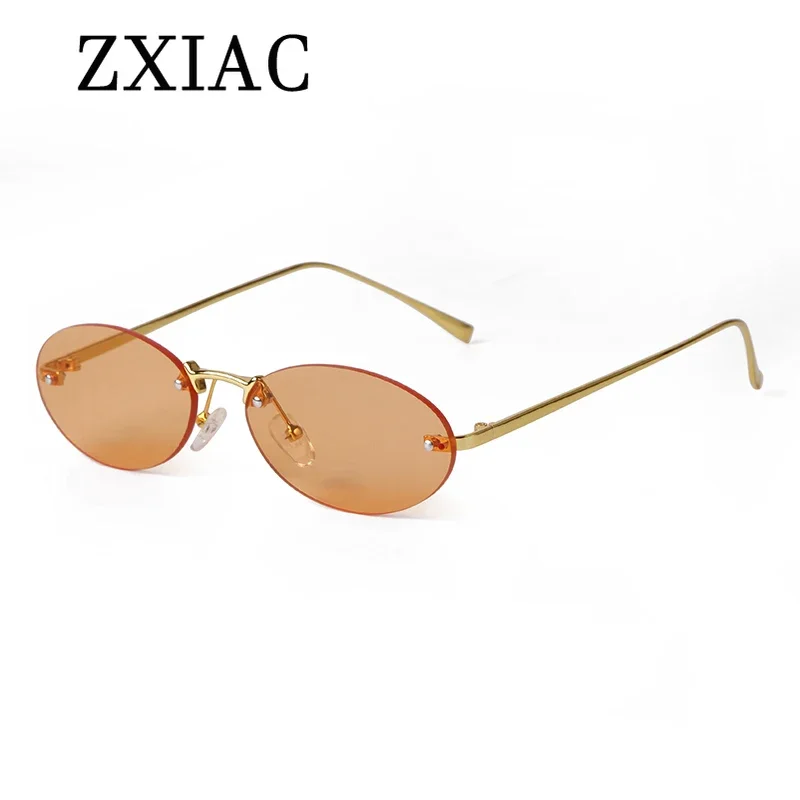 ZXIAC Trendy Rimless Oval Sunglasses Women Retro Rivet Small Frame Sun Glasses Men Fashion Metal Frameless Thin Leg Shades UV400