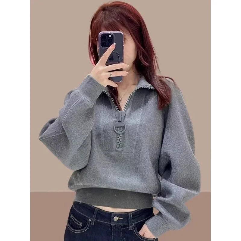 Grey Sweatshirt Women's Spring Autumn Style 2024 Loose Fit Niche Cropped Half Zipper Top Stylish Age-Reducing Jacket