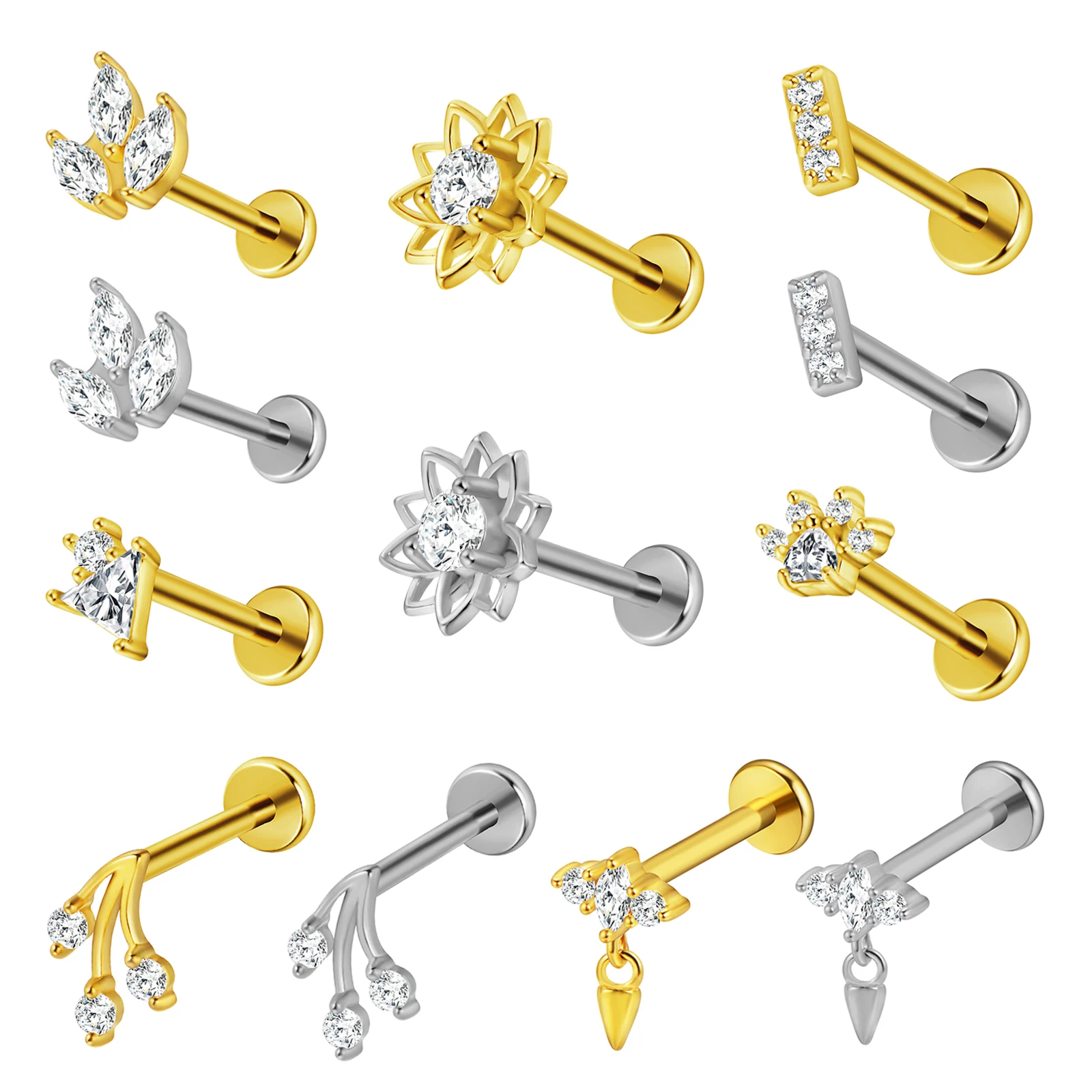 Flowers Labret Piercing Internal thread 100% 316L Surgical Steel CZ Earrings Cartilage Helix Flat Back Pendant Body Jewelry
