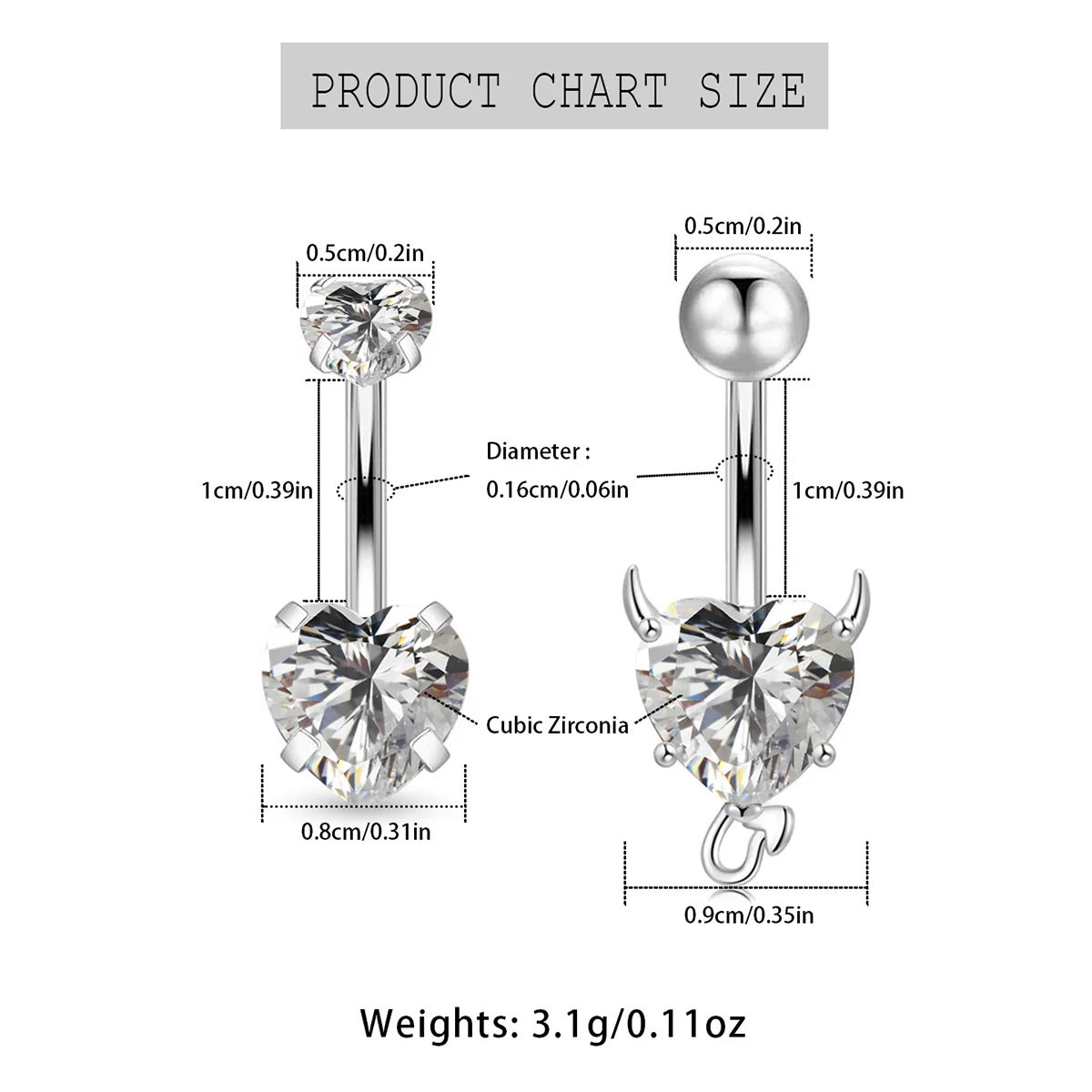 2pcs Heart-Shaped Navel Ring Colorful Zircon 14g Surgical Steel Navel Barbell Used For Women'S Daily Body Piercing And Gift