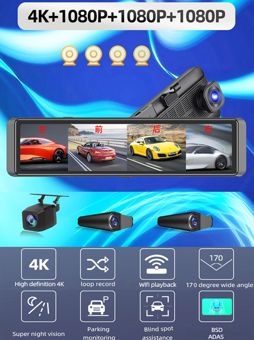 4 ways car center console dash cam 360° panoramic monitoring front left right and rear 4K+1080P*3 with wifi APP ADAS BSD 12 inch