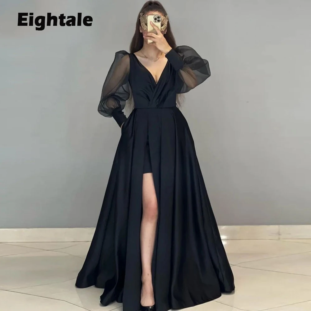 

Eightale Formal Evening Dress for Wedding Party V-Neck Long Puffy Sleeves Satin Black Arabic Celebrity Dubai Prom Gowns