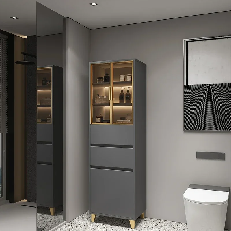 

Bathroom Side Cabinet Waterproof Solid Wood Living Room Tall Narrow Multi-layer Storage Rack Floor Locker