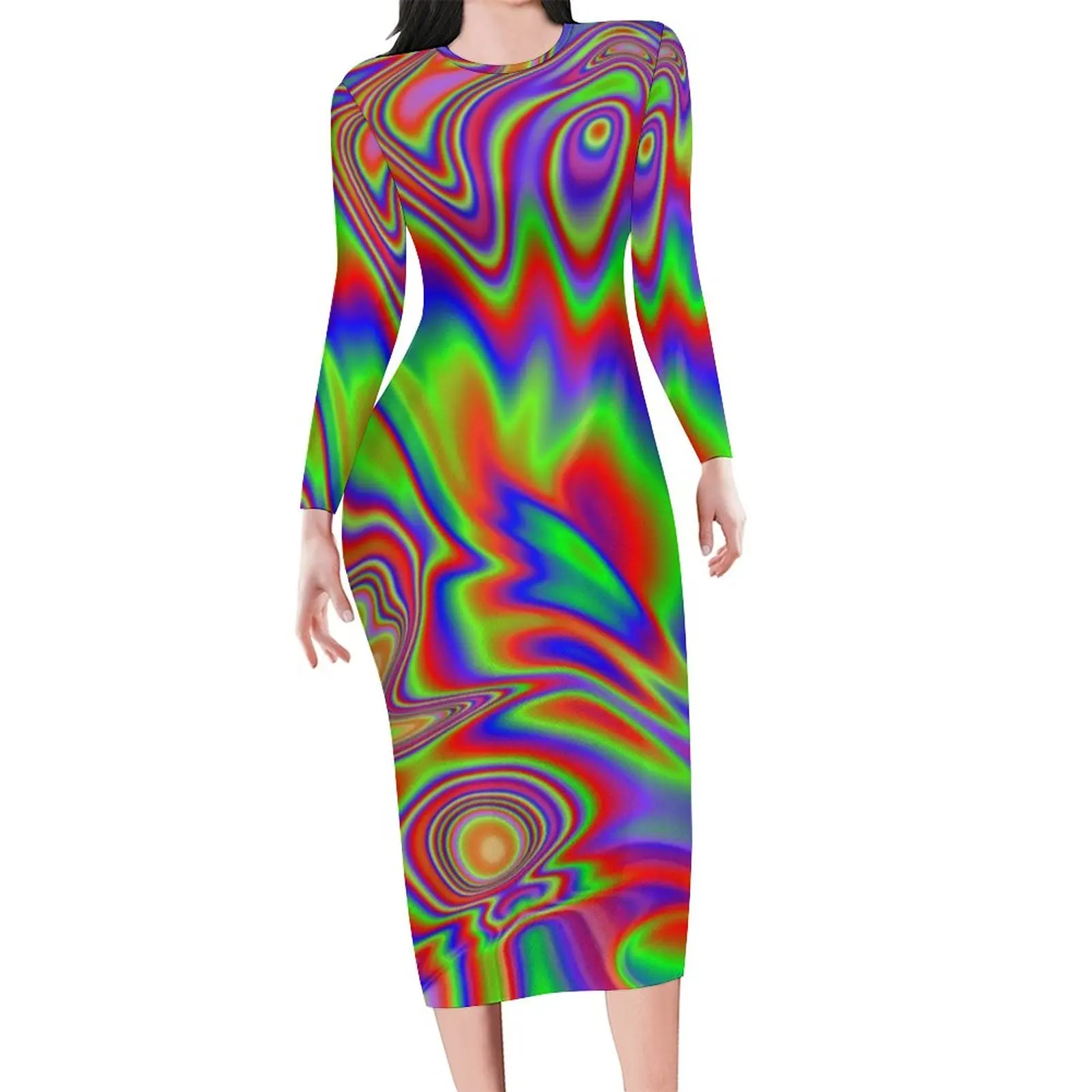 Liquid Rainbow Bodycon Dress Women Abstract Marble Print Pretty Dresses Spring Long Sleeve Aesthetic Custom Dress Big Size