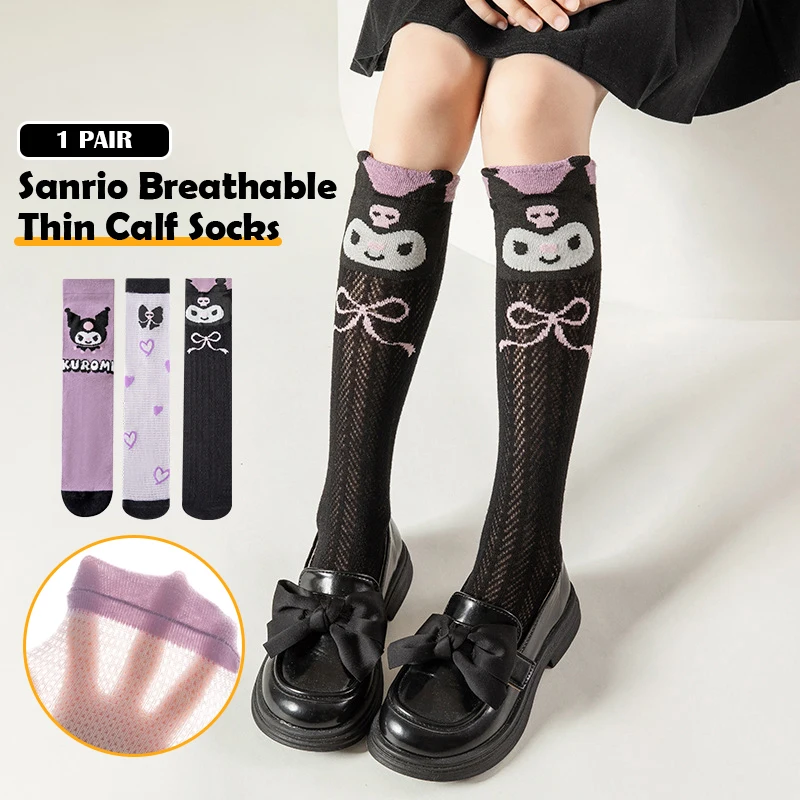 Sanurgente-Chaussettes mi-mollet respirantes pour filles, chaussettes longues au genou, fines, Hello Kitty, Kuromi Cinnamoroll, été