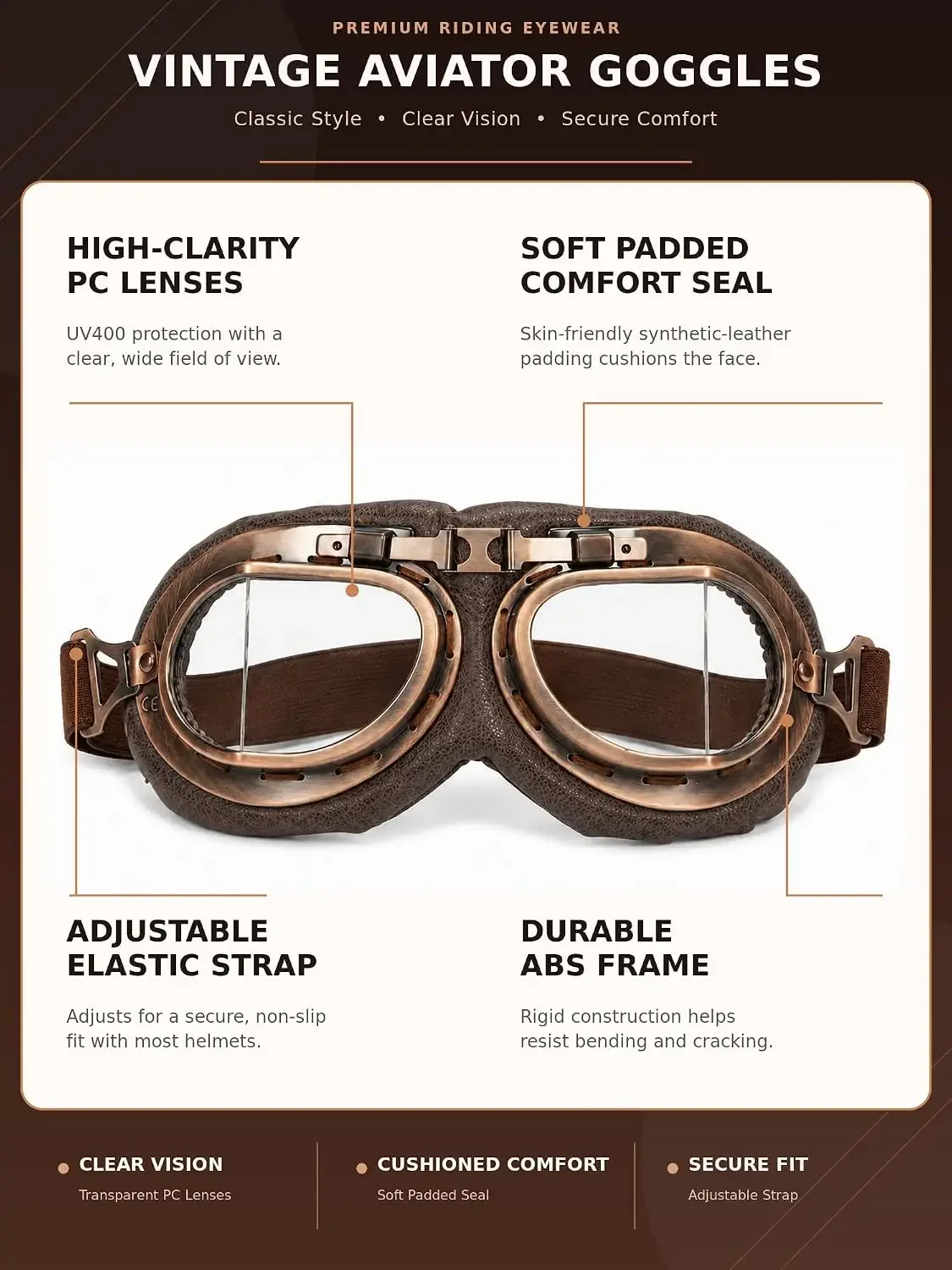 Aviator Goggles ATV Retro Motorcycle Goggles Steampunk Adjustable Strap Bicycle Helmet Glasses Outdoor Sports Angled Goggles
