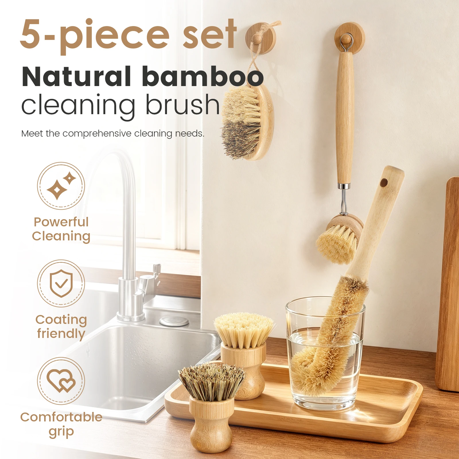 5Pcs Bamboo Dish Scrub Brush Multiple-types Kitchen Cleaning Brush Set Efficient Sisal Cleaning Brush for Pot Pan Dish Vegetable
