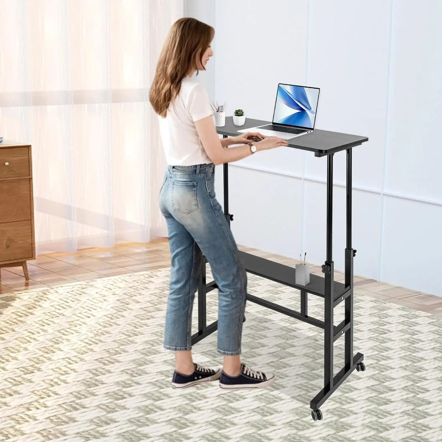 

2 Tier Mobile Height Adjustable Standing Desk, Stand Up Computer Workstation Portable Table Sit Laptop Cart for Bed Couch School