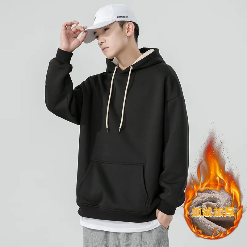 Mens Fleece Hoodie Autumn Winter  Street Fashion Big Pocket Jacket Thickened Fleece Crewneck Pullove