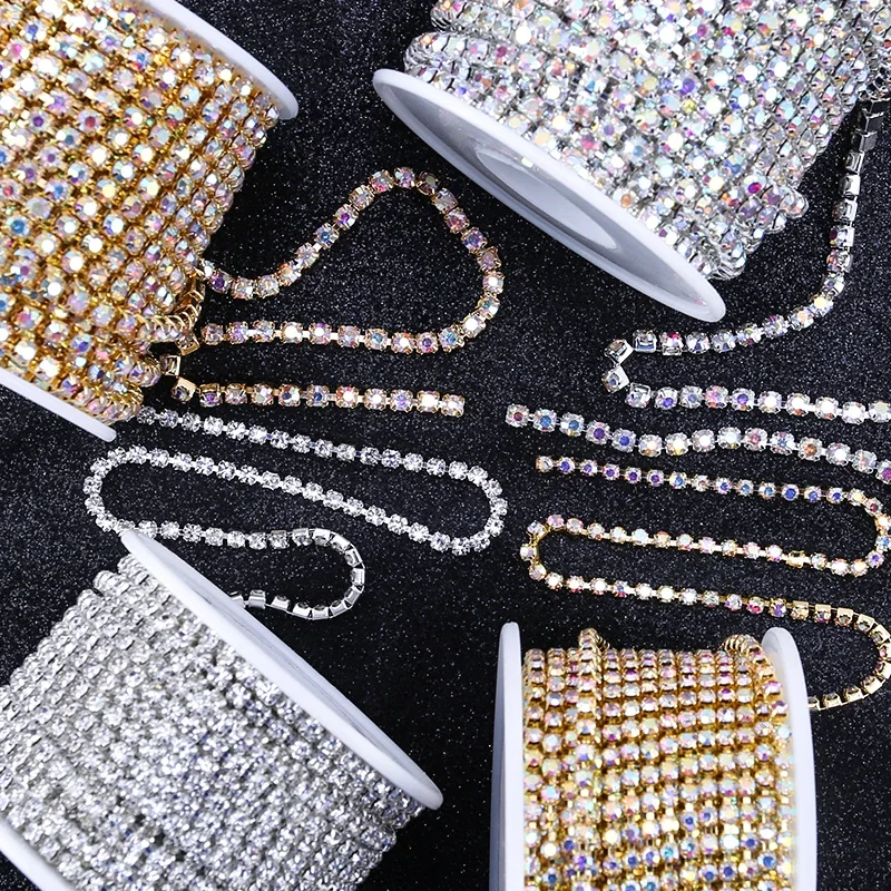 10 yardas/rollo de cadena de diamantes de imitación de cristal, pegamento para coser para ropa, accesorios de Strass para ropa DIY, SS4-SS16 de cadena de copa embellecedora