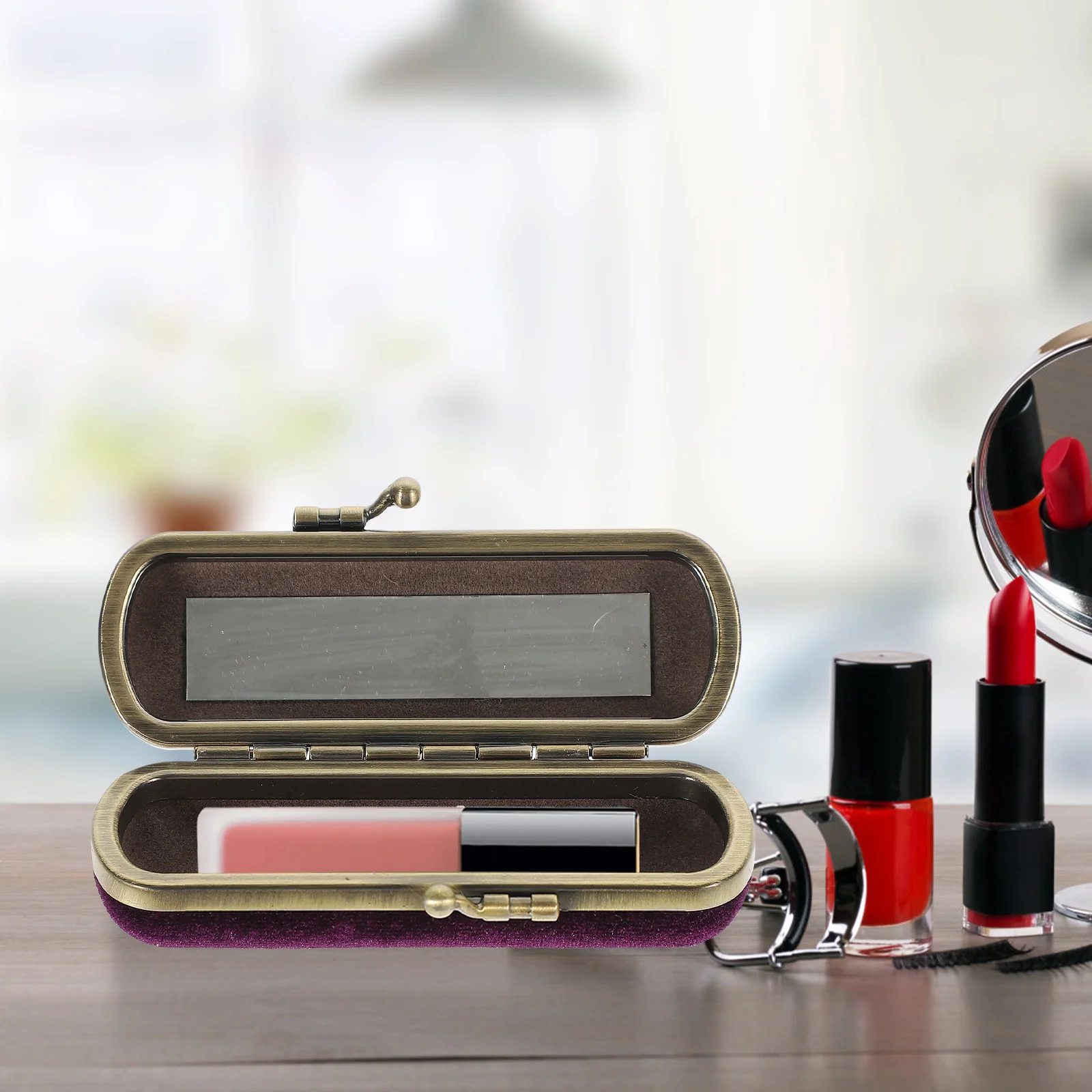 Retro Lipstick Box Organizer Bag Durable Storage Case With Mirror (Red, Random Inner Color)