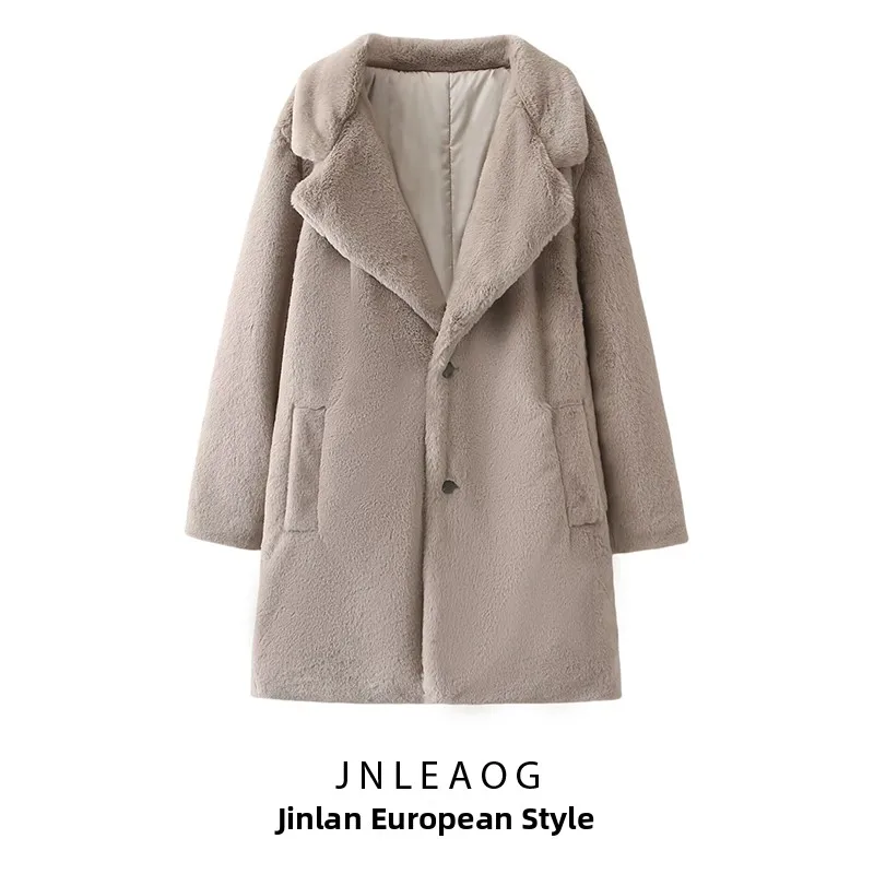 

JNLEAOG Autumn New Women's Faionable Versatile Artificial Fur Effect Coat Long Sve Street Sle Loose Fit Mid-Length