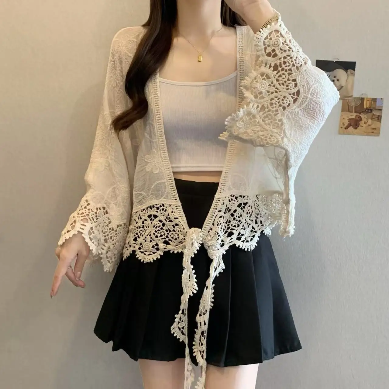 

Женский кружевной ажурный кардиган из хлопка и льна, летний модный вязаный топ-накидка в стиле ципао, дизайнерская модель