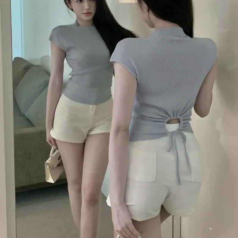 

Temperament Strap Short Sleeve Knitted Shirt 2025 Women's Summer New Style Hollow Half High Neck Short Design Top