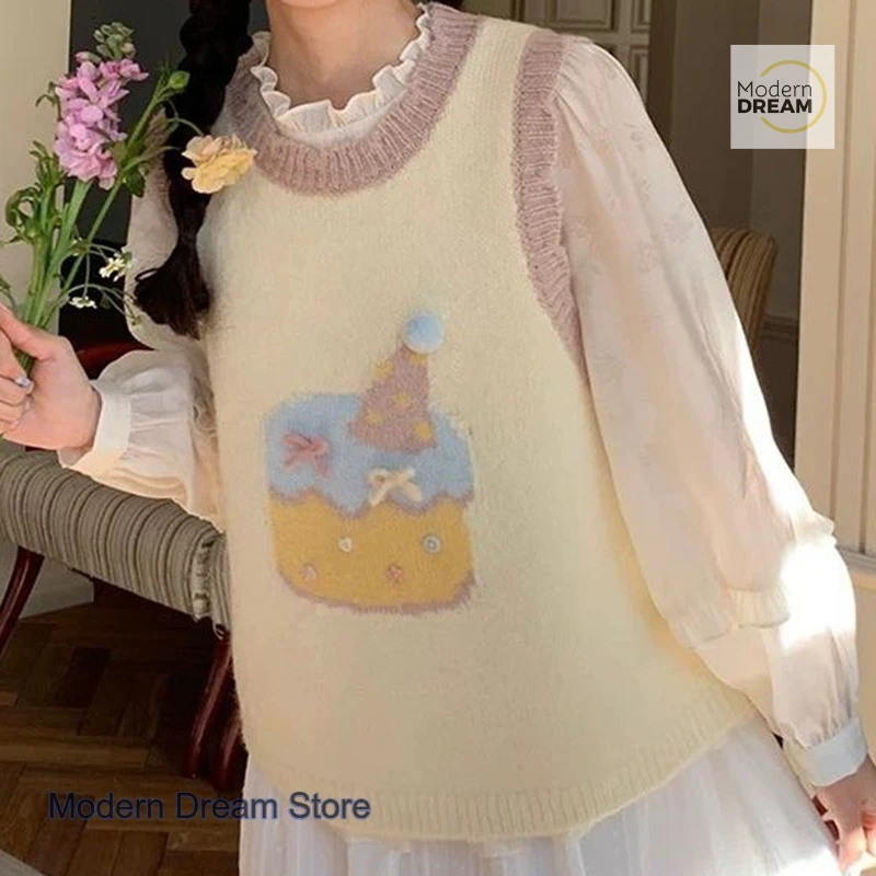 한국식 게으른 바람 케이크 패턴 부드러운 왁시 스웨터 여성 가을 겨울 신상 달콤하고 사랑스러운 루즈핏 레트로 자카드 조끼