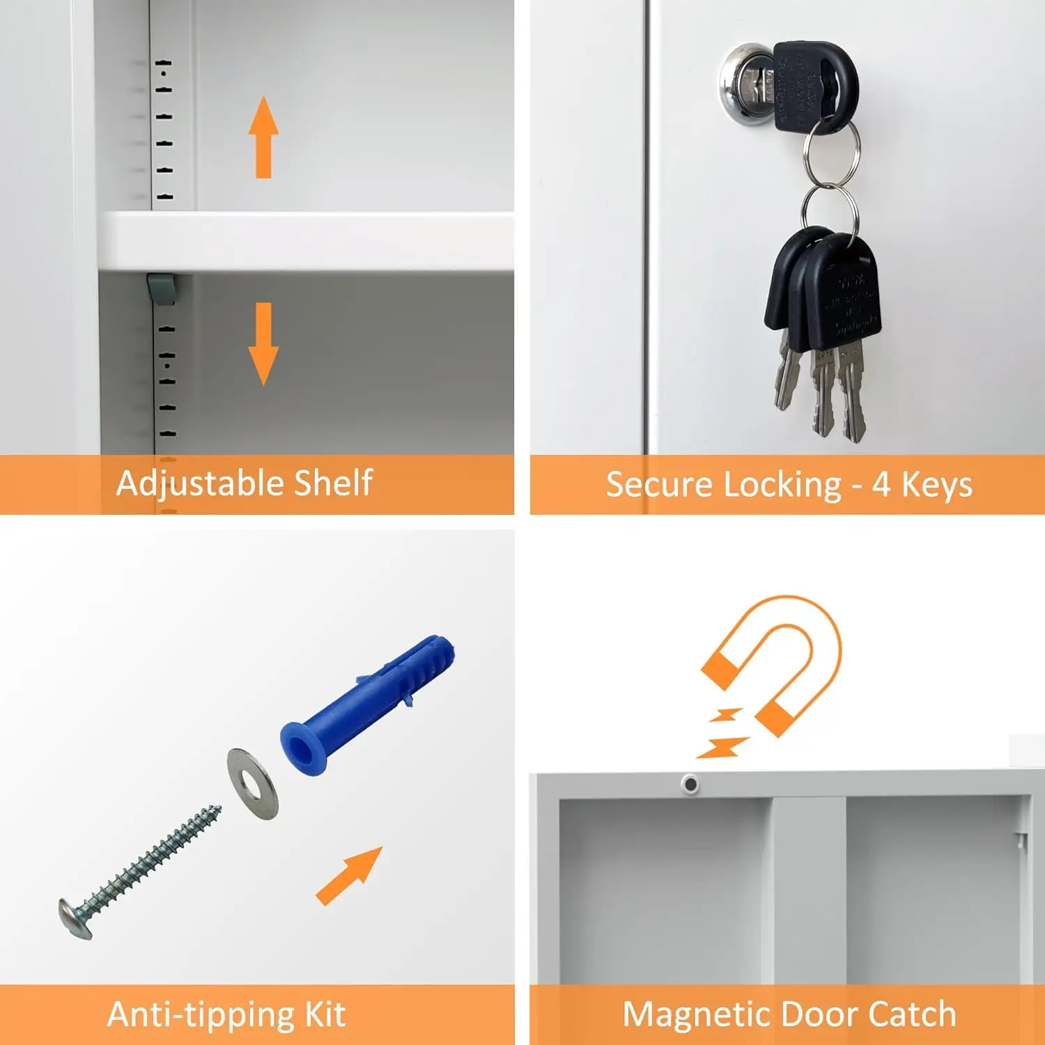 White Lockable Metal Storage Cabinet with Adjustable Shelves for Home Office Garage Kitchen Pantry