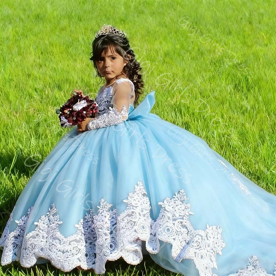 Customized Girls Party Dress With Sleeves White Appliqued Tulle Flower Girl Dress for Wedding Kids Pageant Birthday Ball Gown