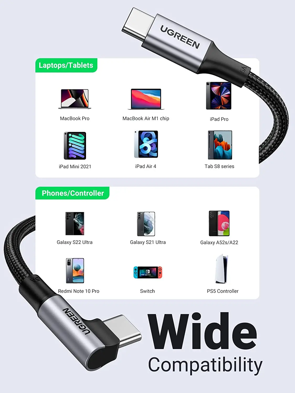 UGREEN USB C a USB C Cable 100W Tipo C Cargador Cable de carga rápida Ángulo recto 1M 2M