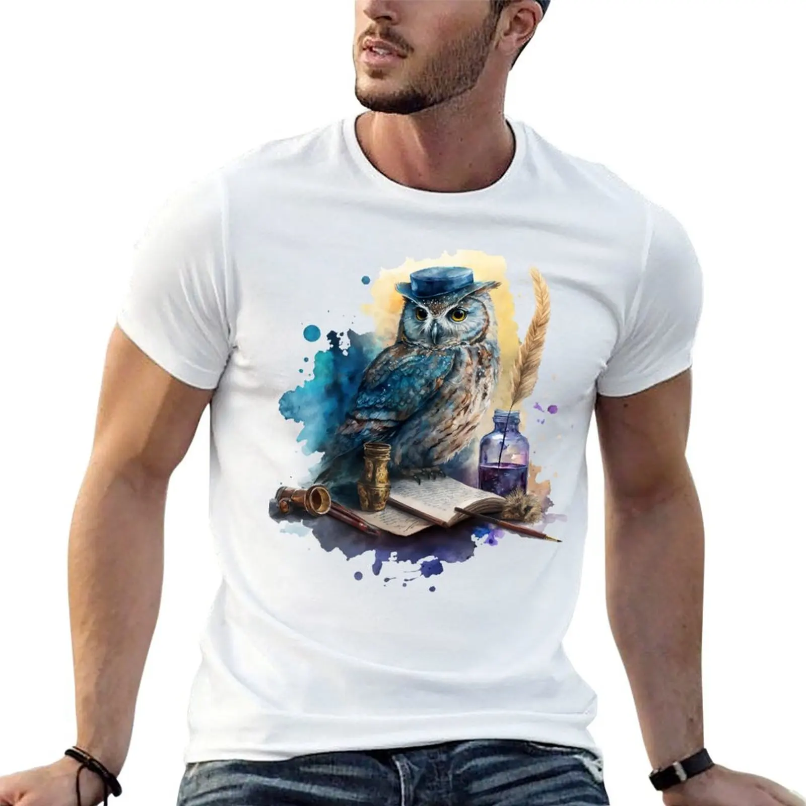 Whimsical Owl Companion in Watercolor T-Shirt man t shirt graphic t shirts mens workout shirts
