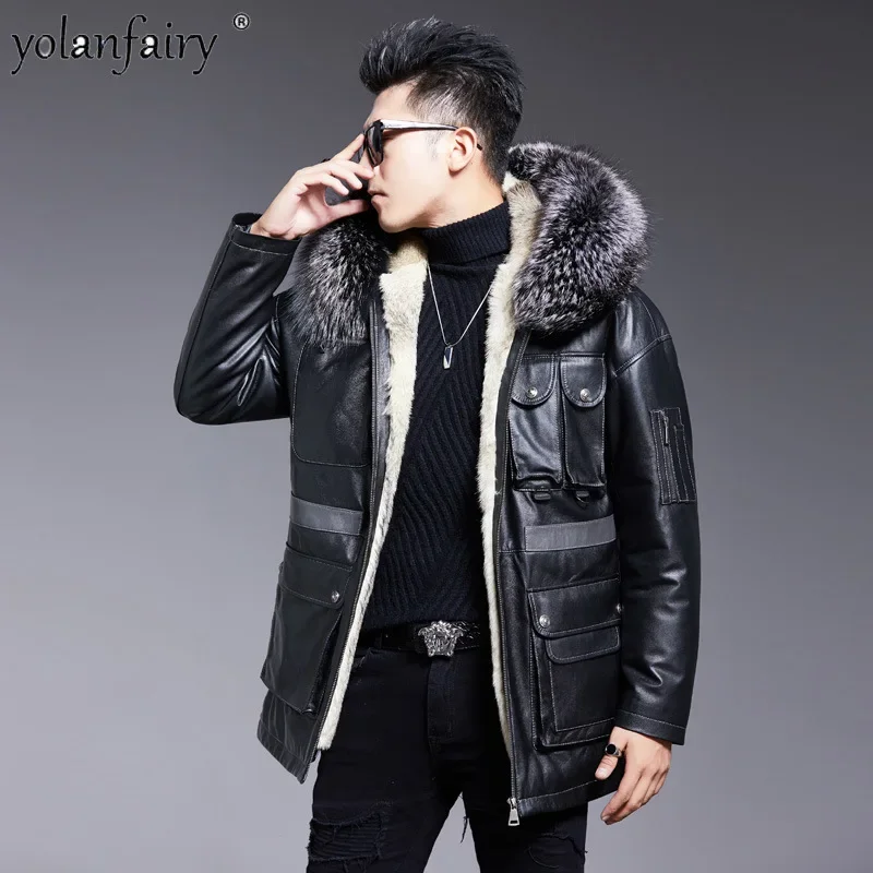 Real Fur Coat Men's Fur Parkas Pure Cowhide Genuine Leather Jacket Men Wolf Fur Liner Winter Hooded Jackets for Male Clothing FC