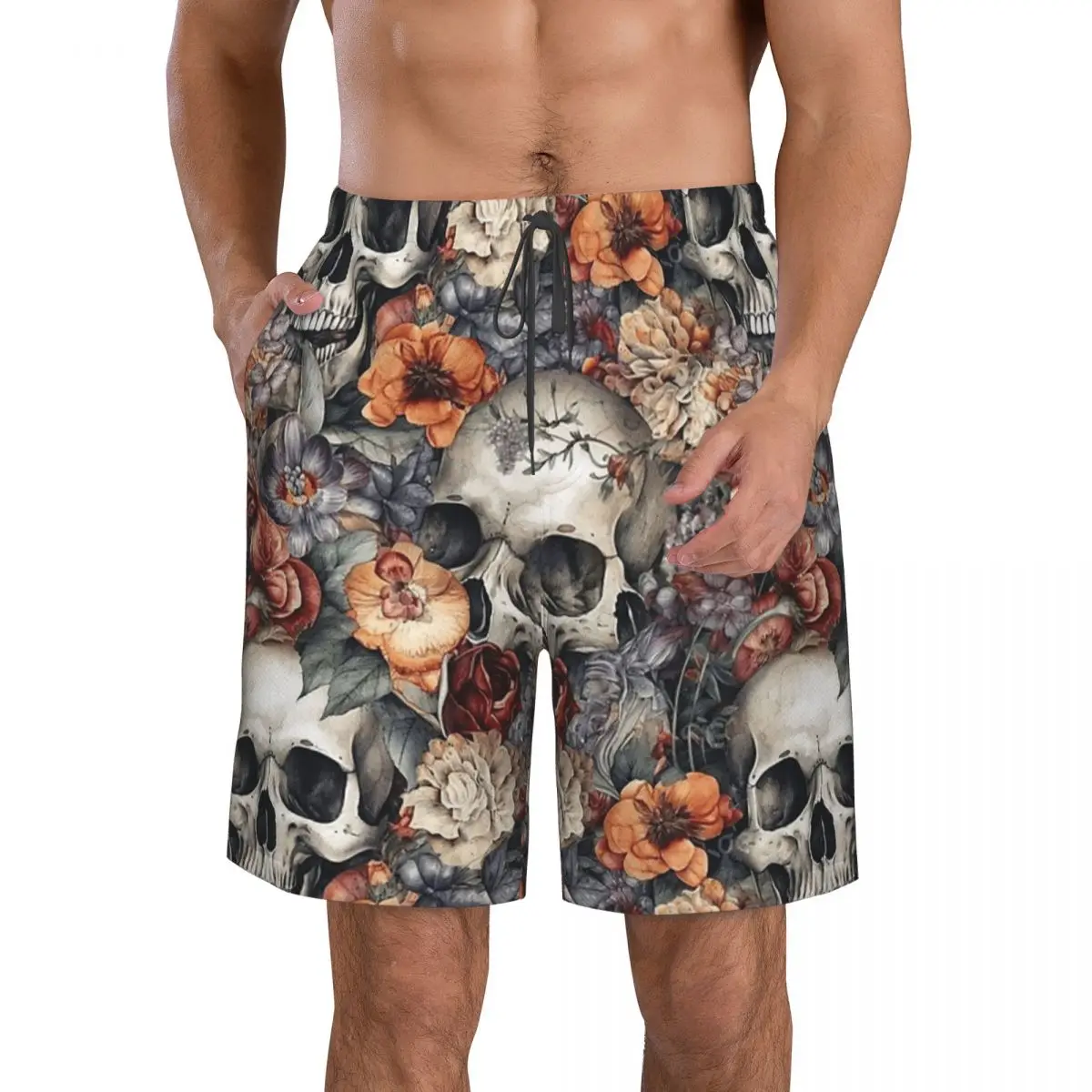 Vintage Floral Skull Roses Trunks Beach Board Shorts Casual Quick Dry Swim Summer Men Pants