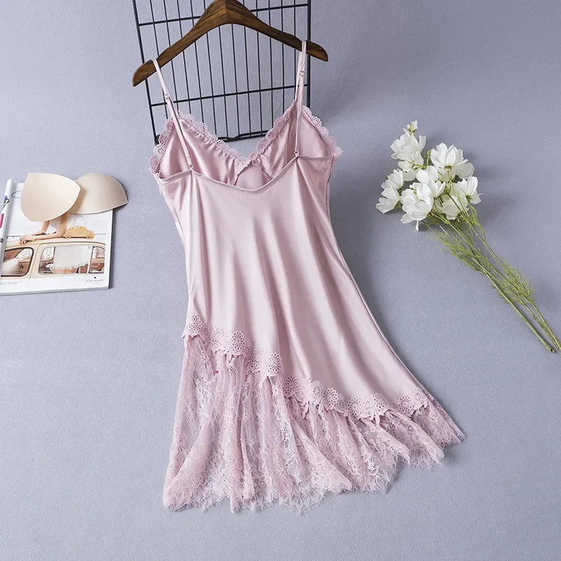 MECHCITIZ Women Nightgowns Sleepwear Sleepshirt Sexy V-neck Lace Nightdress Nightwear Satin Nightshirts Summer Silk Sleep Lounge