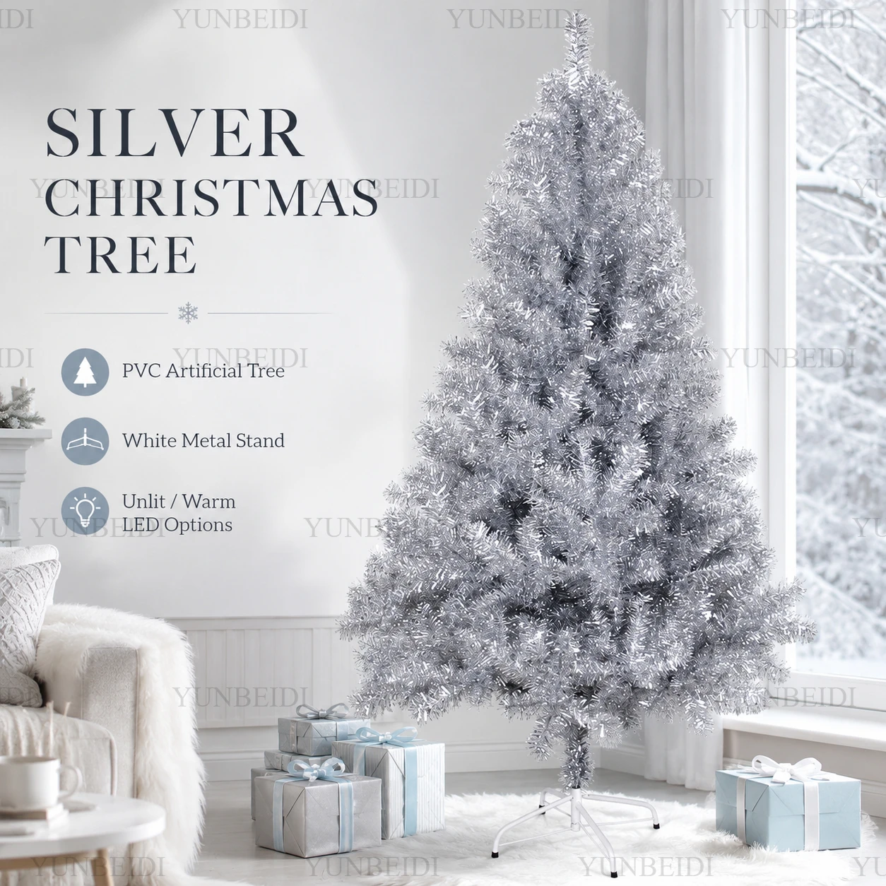 Silberner Künstlicher Weihnachtsbaum mit PVC-Warm-LED-Lichtern 120CM bis 240CM Familienfeier Weihnachtsatmosphäre Dekoration